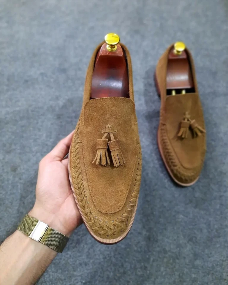 Sapatos sociais formais masculinos feitos à mão compram mocassins de couro marrom camurça borla - Imagem 4 de 4