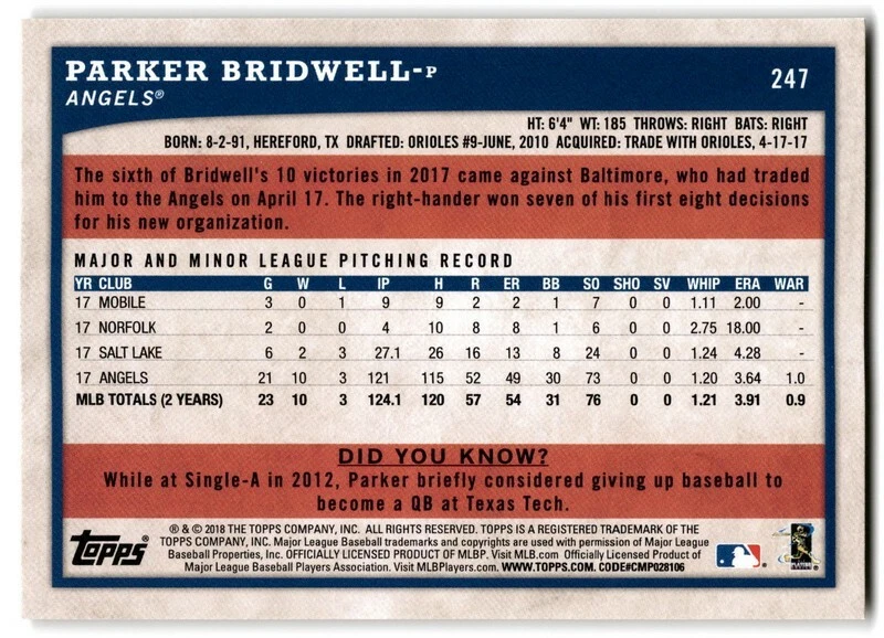 2018 Topps Big League #247 Parker Bridwell RC - Los Angeles Angels - Image 2 of 2