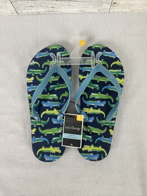 NEW West Loop Boy s Blue And Green Alligators Flip Flops Size Large 4/5