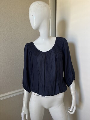 ZARA BASIC Navy Blue Crinkled Rayon Scoop Neck Smocked Crop Peasant Blouse Sz M