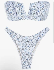 ZAFUL Blue Women Strapless Ribbed  Ruffle Tie High Cut Swimsuit Cheeky Bikini