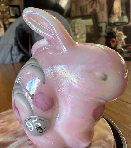 Fenton 95th Anniversary Hand Painted/Signed Iridized Rosalene BunnyRabbit Floral