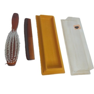 Vintage Faux Tortoiseshell Acrylic Vanity Set Gold Emblem Hairbrush Comb Box