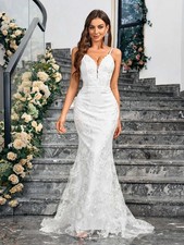 Ladies Dresses Sleeveless Camisole V-neck Sequined Mermaid White Wedding Dress B