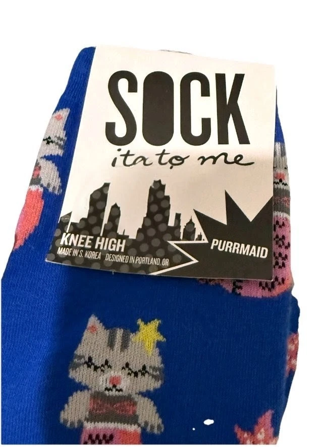 Meias femininas Sock It To Me altura do joelho Purrmaid gato azul rosa acento - Imagem 3 de 3