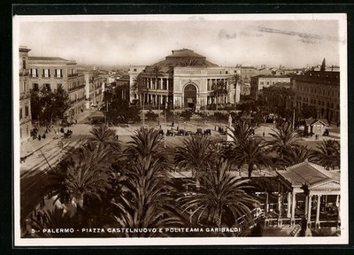 Palermo, Piazza Castel Nuovo e Politeama Garibaldi, Ansichtskarte 1938 