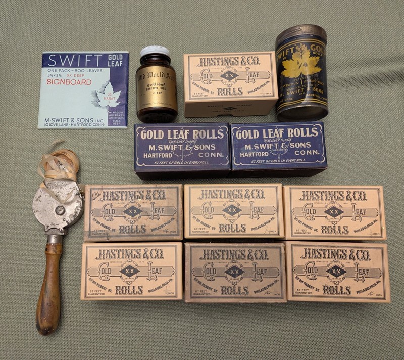 Vintage 23K Gold Leaf Rolls and Sheets in Original Box with Coe Gilding Wheel