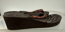 Y2K Beaded Platform Flip Flops Zebra Print Brown Coral Boho Beach Sandals L 9/10