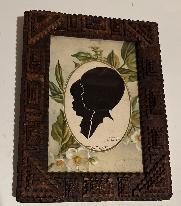 Antique 19thc Tramp Wood Carved Folk Art Picture Frame Cut Out Boys Silhouette