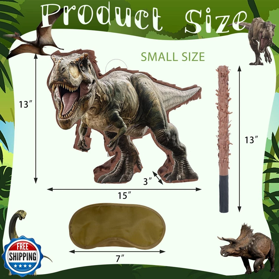 Piñata de dinosaurio - Pequeña piñata de dinosaurio de la selva con venda para los ojos y murciélago para niño Foto 2 de 4