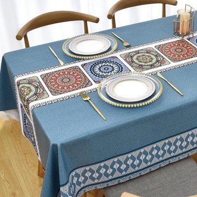 Blue Vinyl Tablecloths for Rectangle Tables 55 x 86 Inch, Waterproof Tablecloth