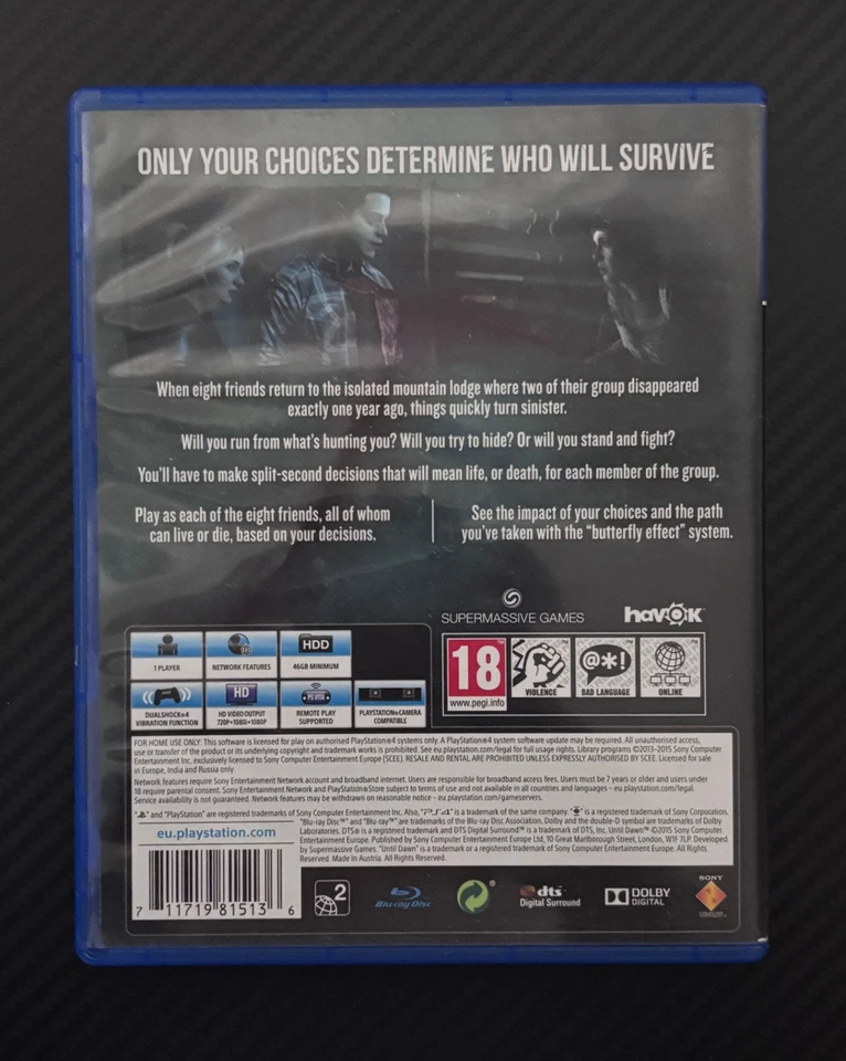 Until Dawn - PlayStation 4 - AMAZING CONDITION! (2015 - ORIGINAL) - Image 2 of 3