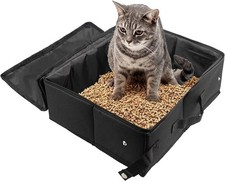 Portable Cat Travel Litter Box with Zipped Lid, Foldable One Size, Dark Black