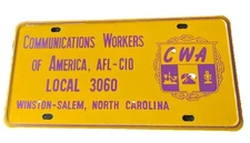 Vintage CWA Workers Of America , AFL  CIO LOCAL 3060 Vanity License Plate NC