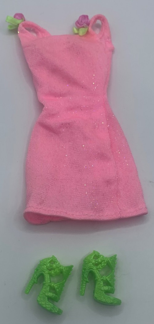 Vintage Barbie Doll Shiny Short Outfit Fashions Pink Dress Glitter Green Shoes