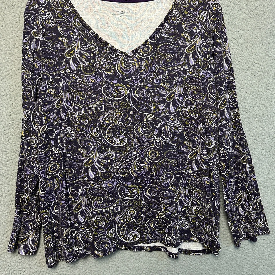 Charter Club Top 3X Plus Paisley Knit 100% Pima Cotton Blue V Neck Casual - Image 3 of 4