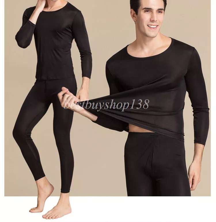 Men Silk Thermal Underwear Lined Thermals Crew Neck Base Layer Long John  Set