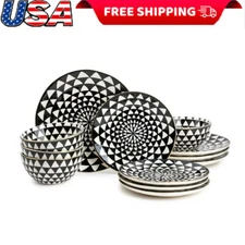 Dinnerware Black & White Medallion Stoneware 12 Piece Set Dinner Service Sets
