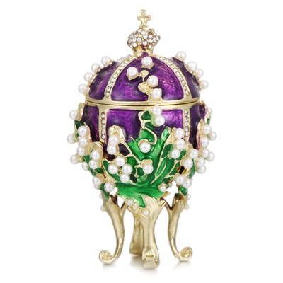 Hand Painted Enamel Pearl Flower Faberge Egg Trinket Box, Unique Hinged Flora...