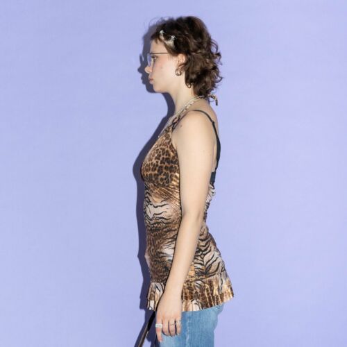 Vintage Y2K sexy animal print shiny halter top in brown - Picture 2 of 6