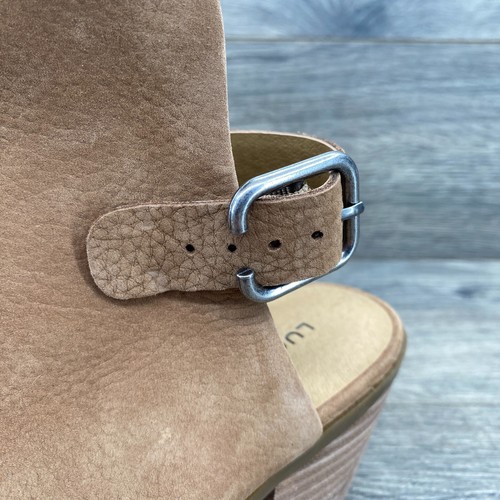 Lucky Brand Boho Sling Back Block Heel Bootie Shoes Women's Size 7 Tan Peep Toe - Picture 9 of 14