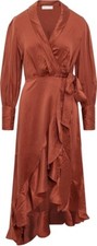 Zimmerman Women's Size 3 Orange Sheen Blouson Sleeve Silk Wrap Midi Dress