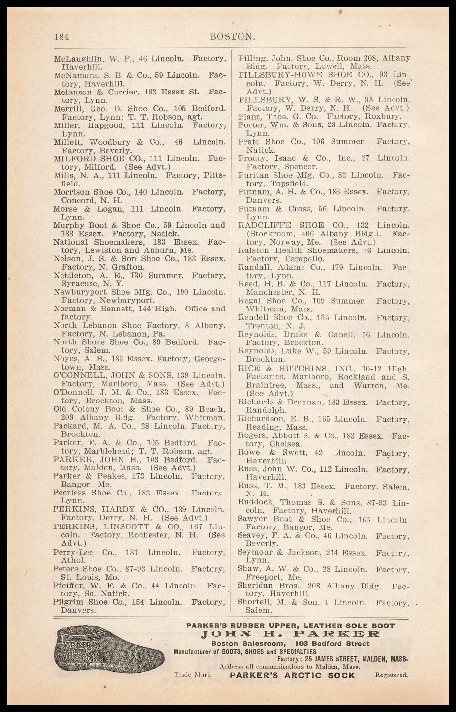 SAOLA Stivali 1905 John H. Parker Malden Massachuse suola in pelle stampa calzino artico pubblicità
