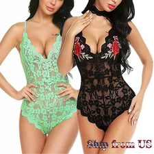 Sexy Lingerie Floral Lace Sleepwear Underwear See-Thru Bodysuit Pajama Sleepwear