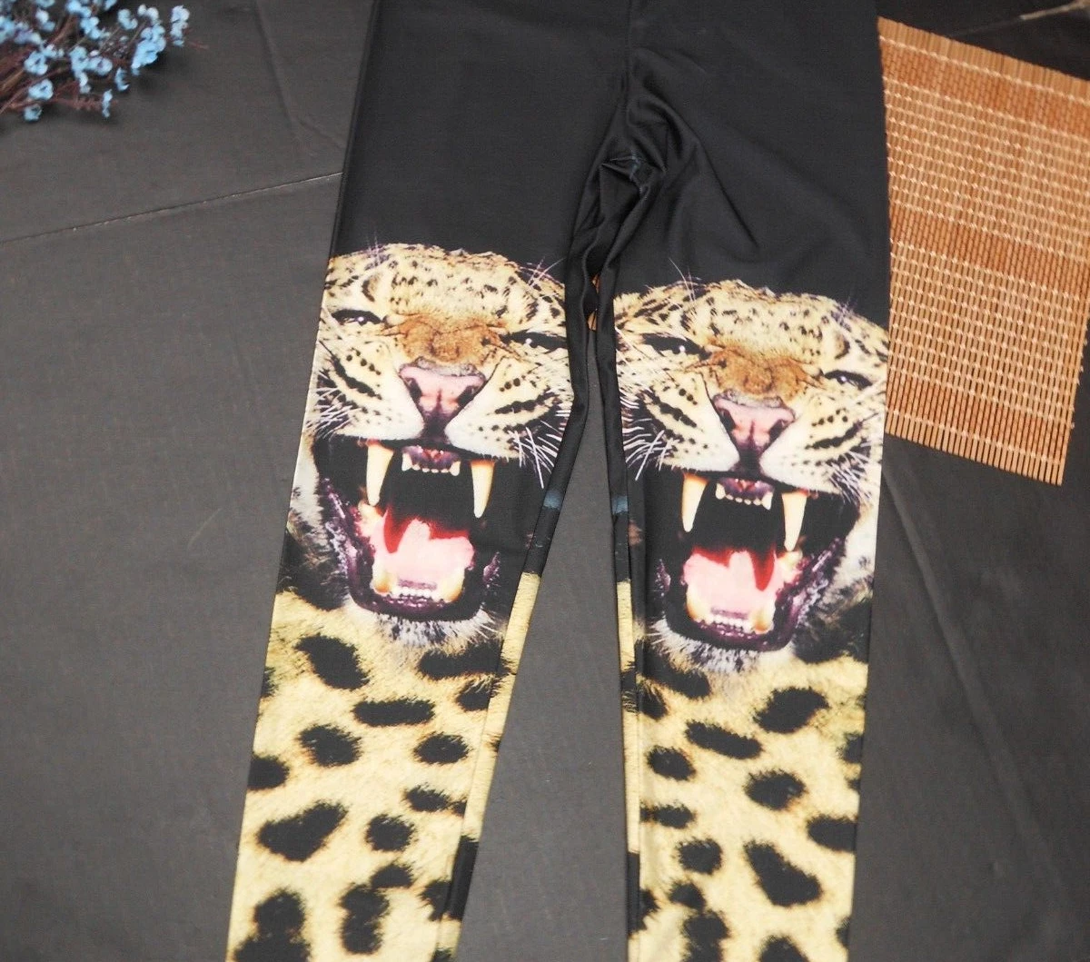 LADIES TEENS CHEETAH FACE ANIMAL PRINT LEGGINGS Sz Large