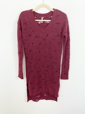 FREE PEOPLE Wine Purple Wool Holey Sweater Dress Size XS High Low Side Slits