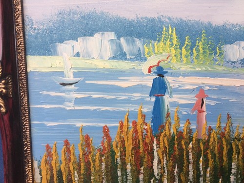 Framed OIL PAINTING Martha's Vineyard Cape Cod Sunset Lake Woman Girl Boat ❤️J8 - 第 5/9 張圖片