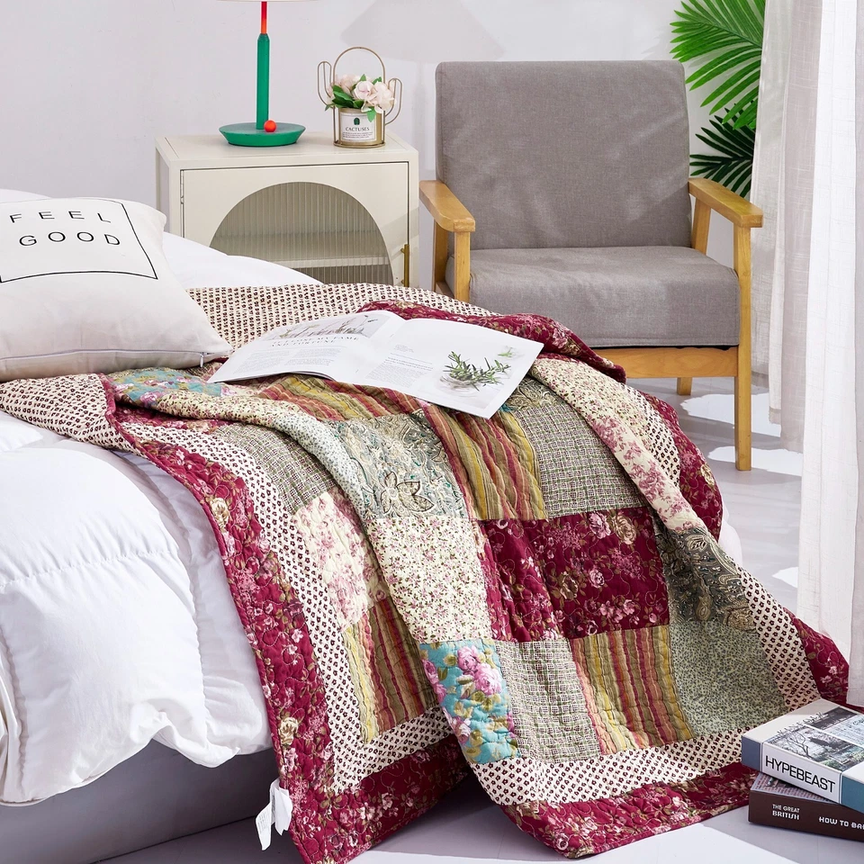 Tache Vintage Burgundy Cotton Patchwork Floral Decorative Quilted Throw Blanket - Image 3 of 4