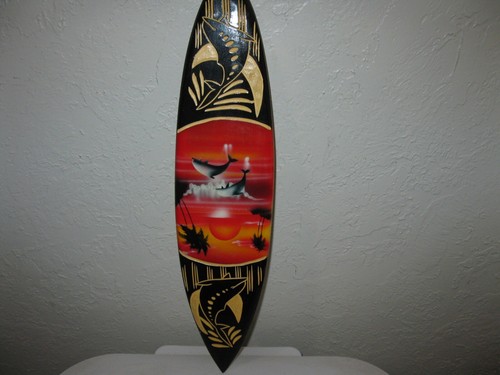 Mini Surf Board hand craved & painted Whales OS - tag