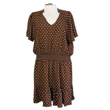 Draper James Brown Polka Dot Tiered Ruffle V Neck Smocked Waist Midi Dress 2X