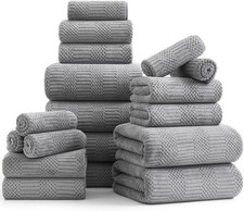 18 Pcs Gray Woven Family Towels Set-6 Bath Sheets,6 Hand Towels,6 Washcloths