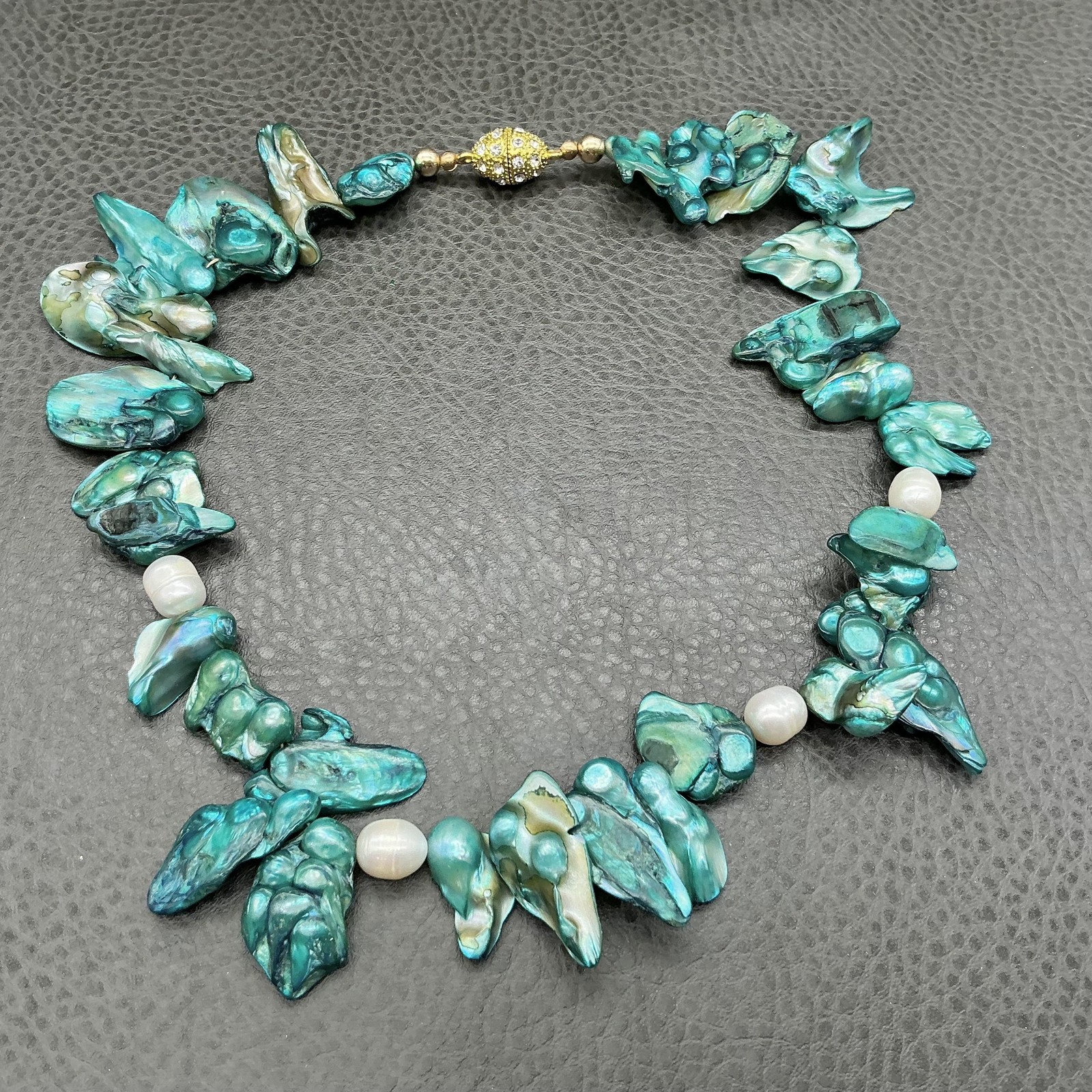 Blue Abalone Shell Pearl Beaded Statement Necklac… - image 2