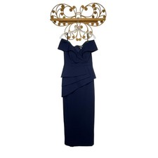 New Xscape Navy Blue Scuba Crepe Off-the-Shoulder Column Gown 10p