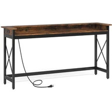 70.9" Extra-Long Rustic Brown Console Table with Outlets & USB