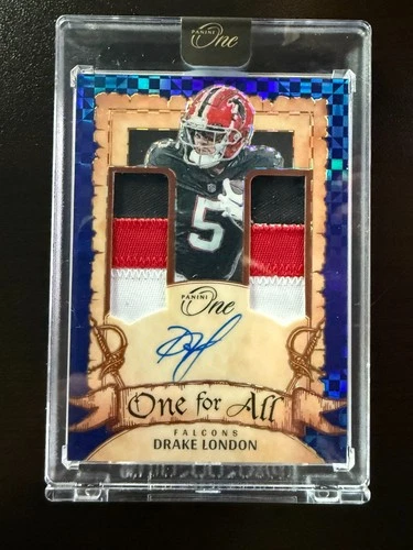 2024 PANINI ONE FOOTBALL DRAKE LONDON ONE FOR ALL BLUE DUAL PATCH AUTO #/75 ATL