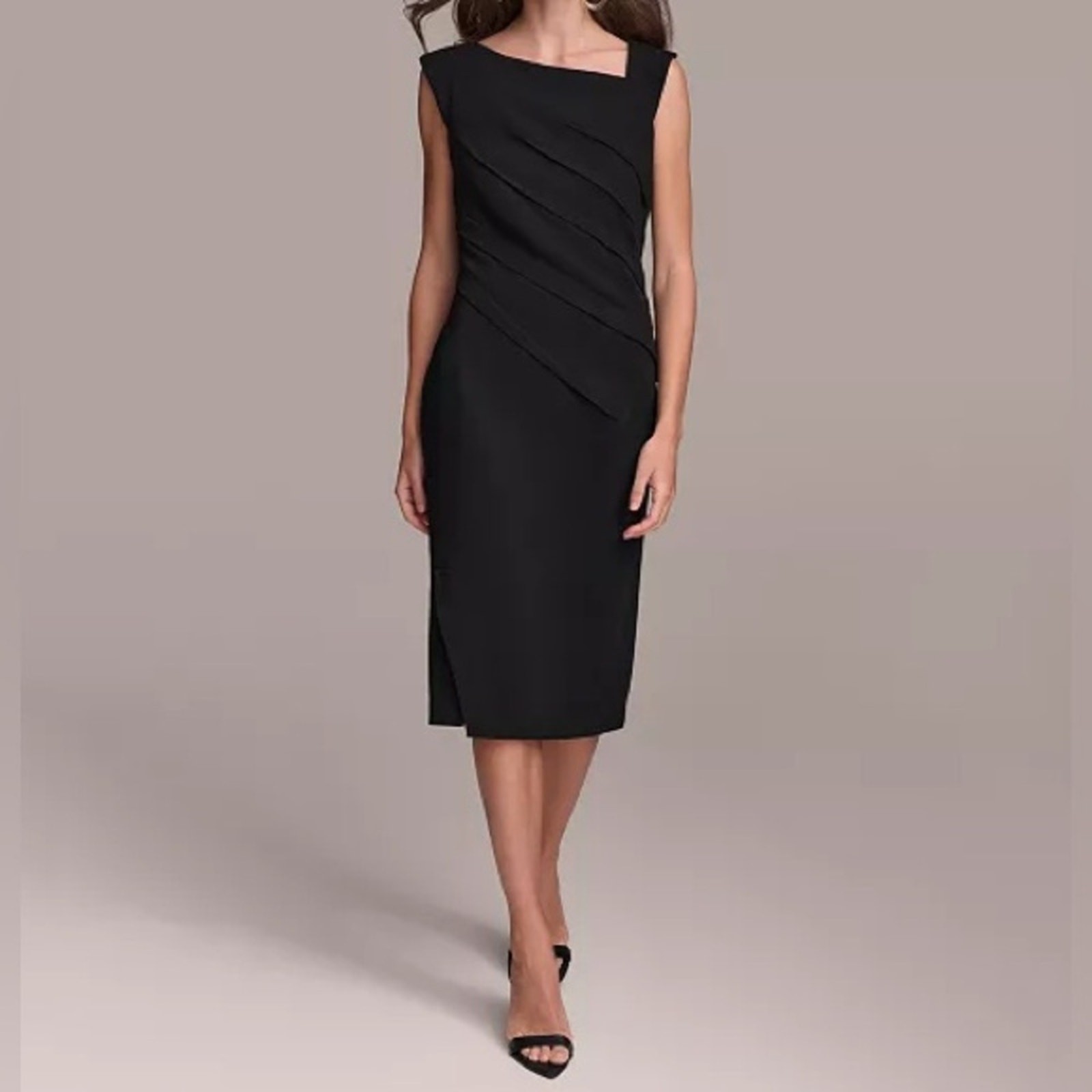 Donna Karan Women’s Asymmetric Neckline Pleat-Waist Sheath Dress Black Sz 2 NWT