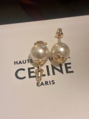 Celine pair of Maillon Triomphe Pearl Earrings in gold finish and cream resin.