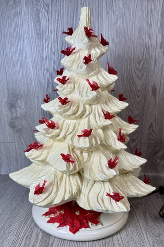 Vtg 1986 Nowell’s Mold Ceramic Lighted Christmas Tree 16” & Base Signed Red Bird