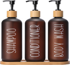 Amber Shower Dispenser Set, Contains 3 Extra-Thick PET Plastic Bottles with Bamb