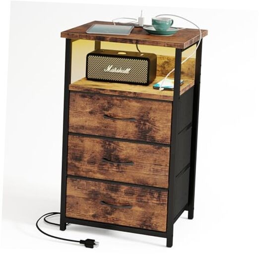 Rustic Brown LED Nightstand with 3 Drawers and Charging Station