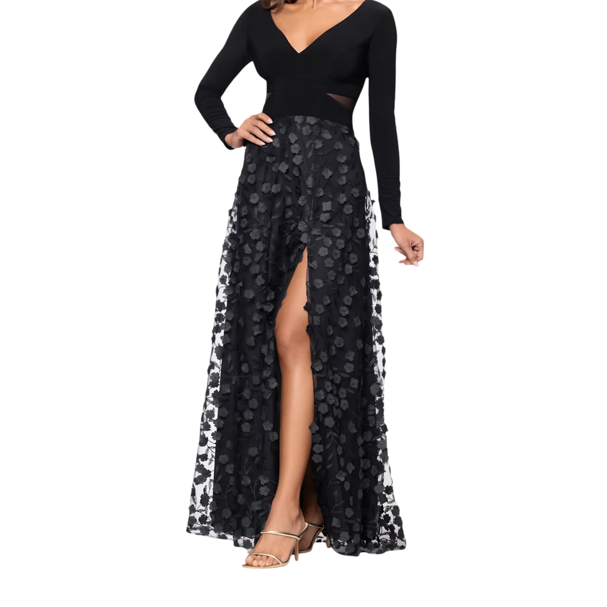 knee length dresses for ladies High Neck Long Sleeve Mesh Maxi Dress, Black Floral  Jolie Moi Retail