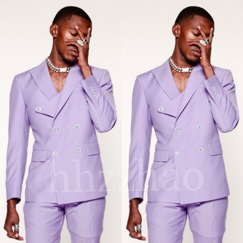 2-Piece Purple Peak Lapel Double-Breasted Wedding Suit & Pants for Grooms