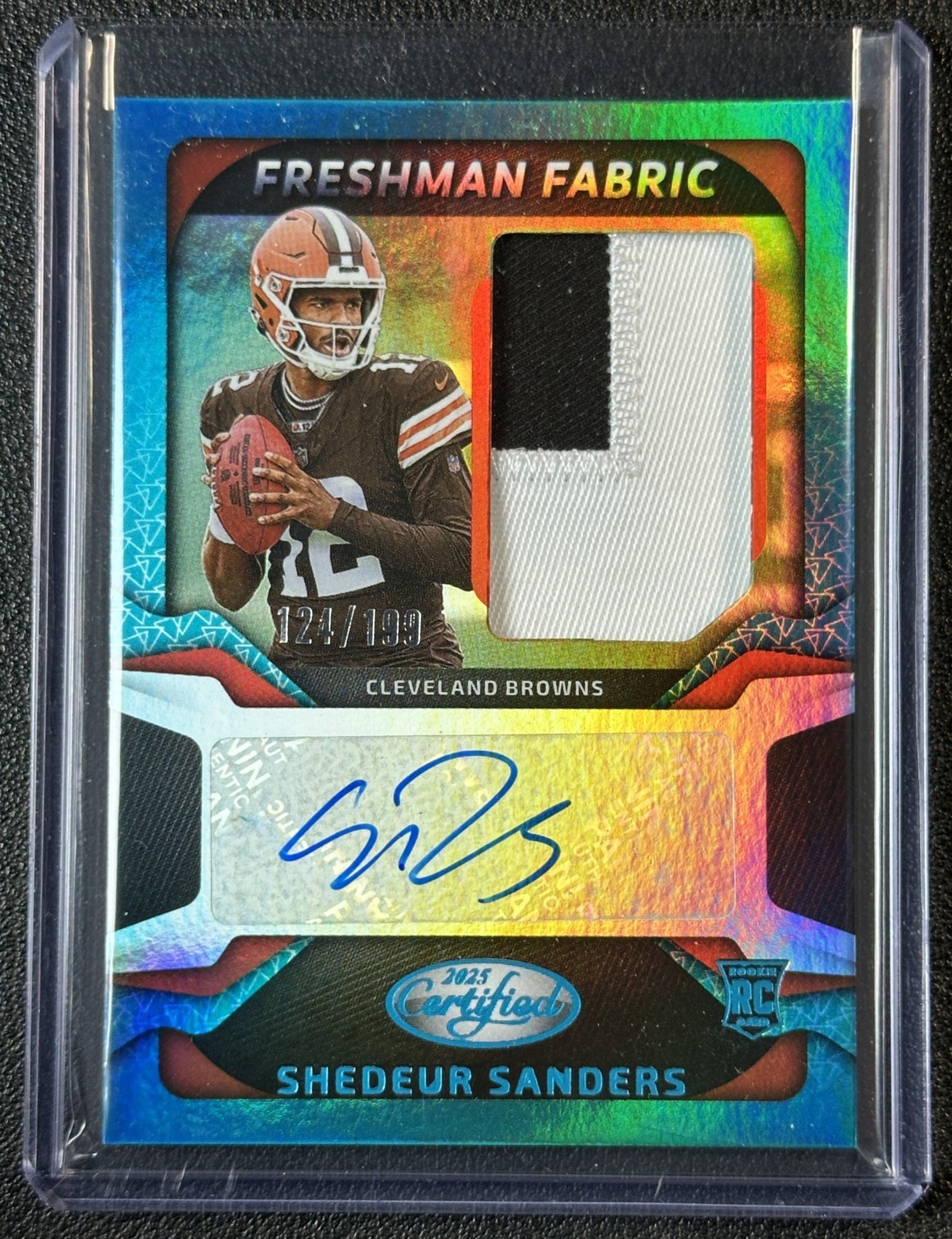 SHEDEUR SANDERS 2025 PANINI CERTIFIED FRESHMAN FABRIC PATCH AUTO TEAL RC 124/199