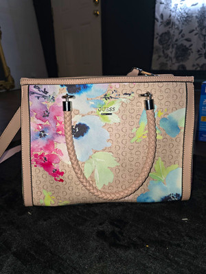 GUESS Beige Floral Bag With Satchel Handles And Shoulder Strap