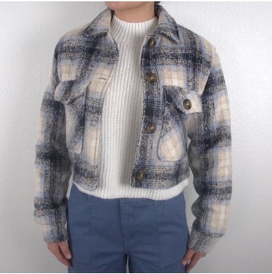 Ambiance Women's Blue Plaid Cozy Button Up Collared Cropped Jacket 