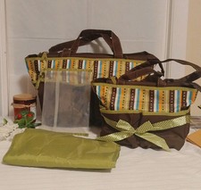 Baby Boom Brown N Green Colorful Stripes 17" Diaper Bag Set Of 2 w Changing Pad